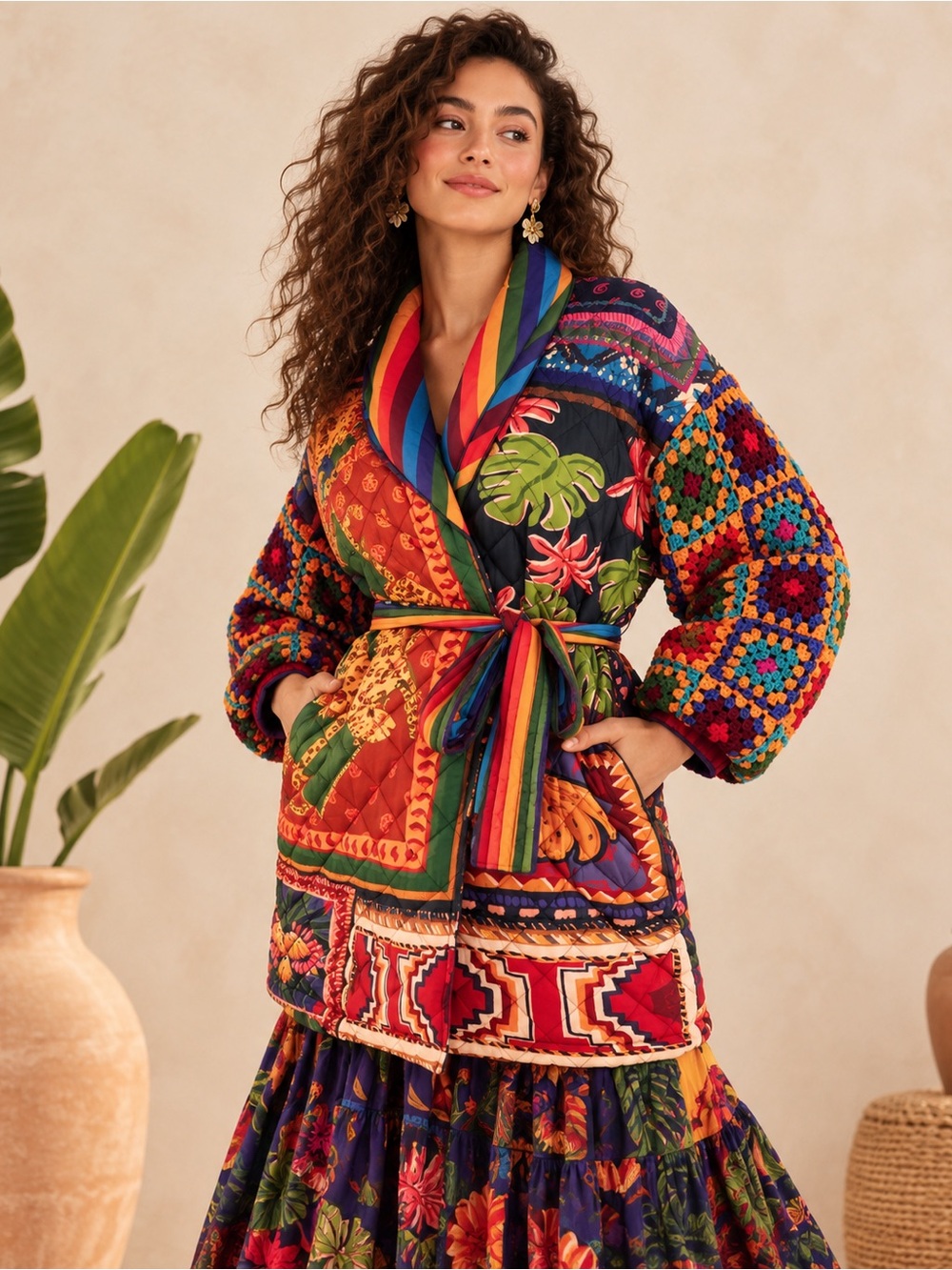 Farm Rio Patchwork Tapestry Crochet Puffer Jacket XS NWT Belted